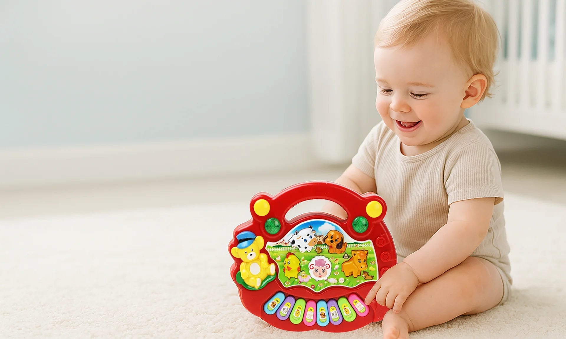 Baby playing with Early Educational Baby Keyboard Musical Toy on soft carpet — supports sensory learning and fine motor skills